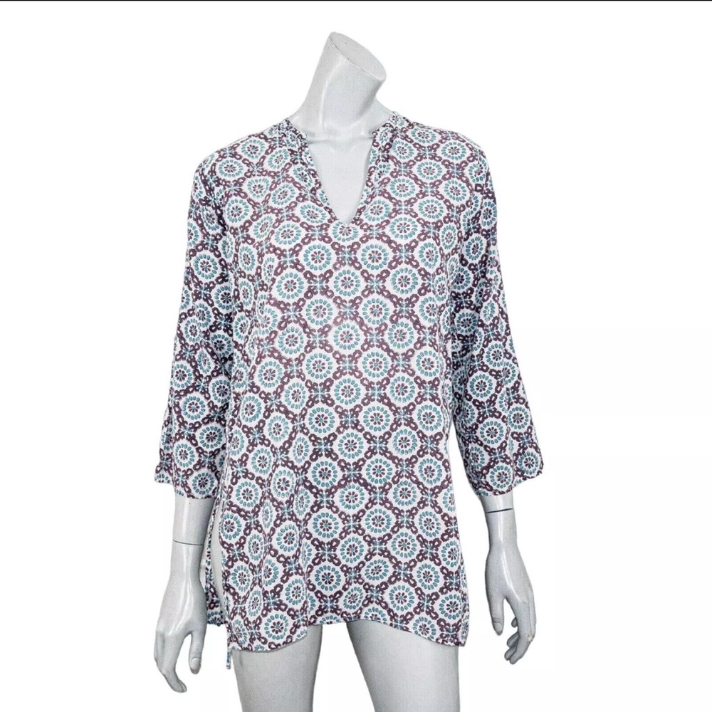Roberta Roller Rabbit Vneck Tunic Blouse in Purple Blue Print